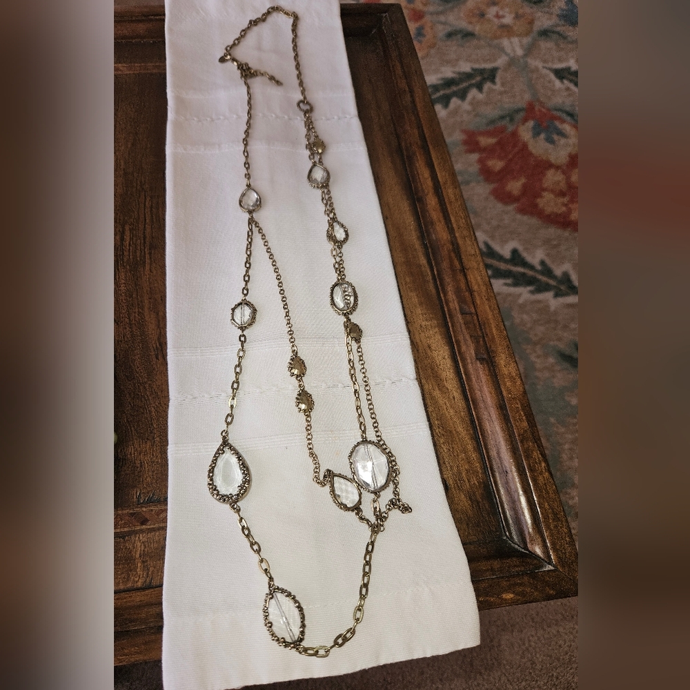 Chicos Gold Tone Two Strand Faceted Glass Bezel Set Double Strand Long Necklace